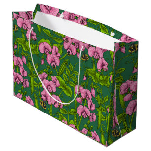 Grand Sac Cadeau Pois doux et bourdons, vert et rose