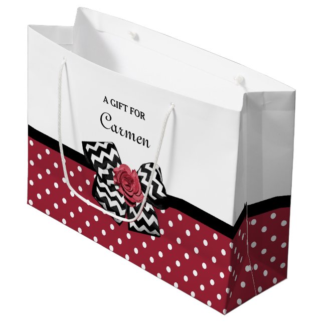 Grand Sac Cadeau Pois rouge et blanc mignon Rose Chevron Bow (Devant Angle)