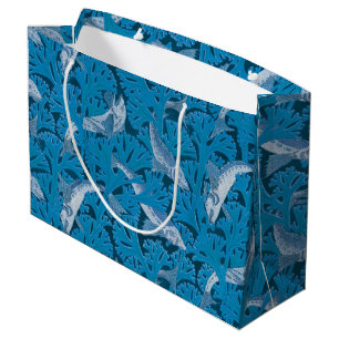 Grand Sac Cadeau Poisson bleu vintage et algues : Art Nouveau Nauti