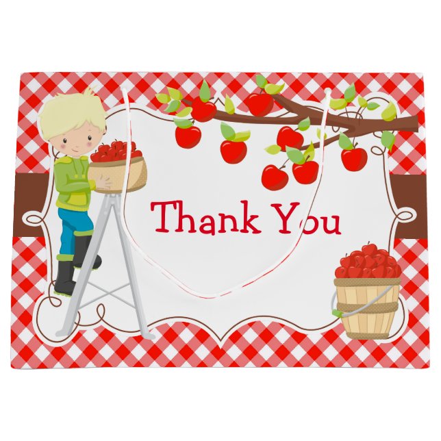 Grand Sac Cadeau Pomme cueillir Blonde Boy fête d'anniversaire (Devant)