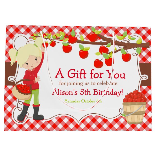 Grand Sac Cadeau Pomme cueillir Blonde Fille fête d'anniversaire (Dos)