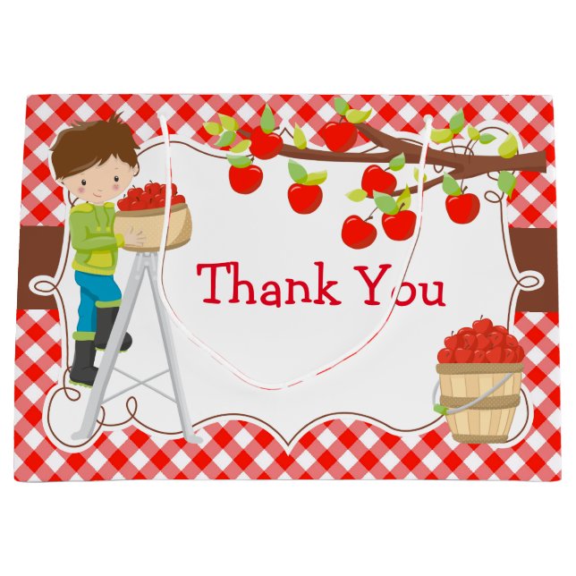 Grand Sac Cadeau Pomme cueillir Brunette Boy Fête d'anniversaire (Devant)