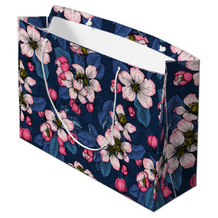 Grand Sac Cadeau Pomme fleurit sur un bleu foncé