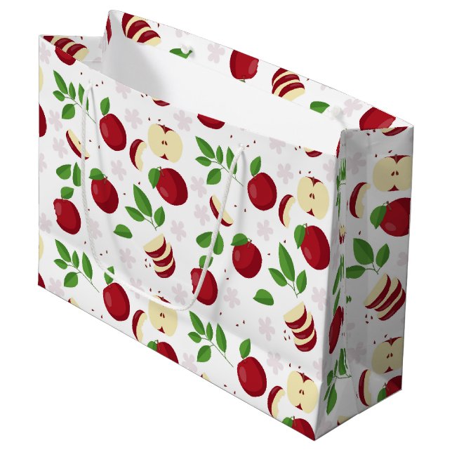 Grand Sac Cadeau Pommes rouges, fleurs et Motif de verdure (Devant Angle)