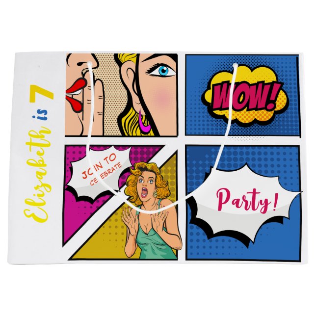 Grand Sac Cadeau Pop art fille bande dessinée anniversaire (Devant)