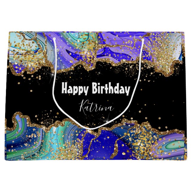 Grand Sac Cadeau Porte d'or bleu tendance marbré (Devant)