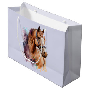 Grand Sac Cadeau Portrait de tête de cheval brun à l'aquarelle