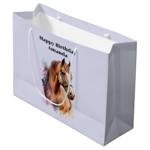 Grand Sac Cadeau Portrait de tête de cheval brun en aquarelle pour 