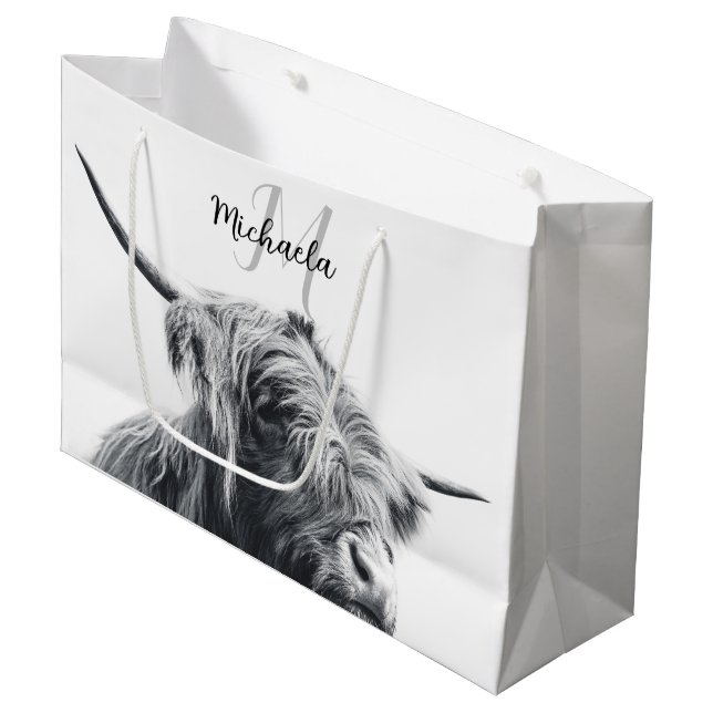 Grand Sac Cadeau Portrait de vache Highland premier monogramme noir (Devant Angle)