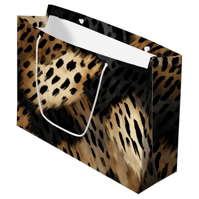 Grand Sac Cadeau Poster de animal Leopard Black Gold Cream (Devant Angle)