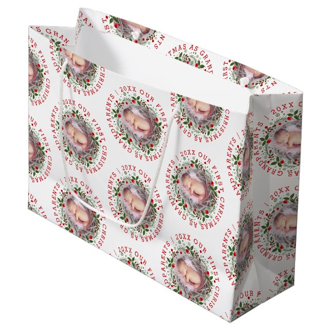 Grand Sac Cadeau Premier grand-parents de Noël avec une photo (Devant Angle)