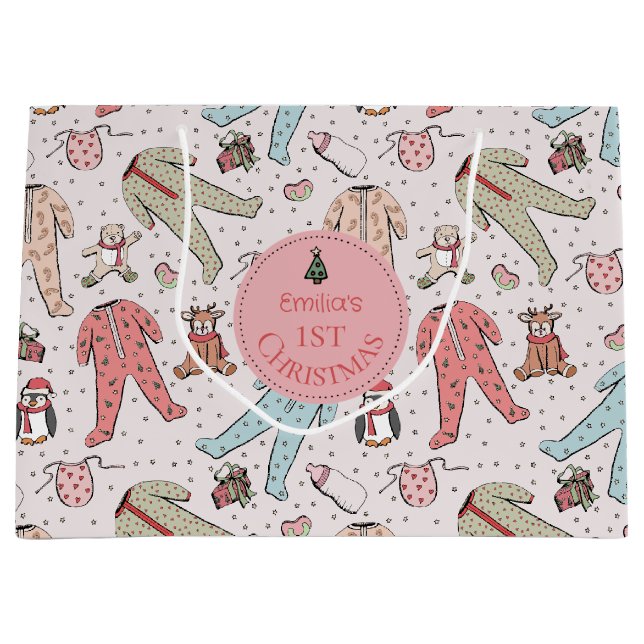 Grand Sac Cadeau Premier Noël personnalisé pour bébé rose mignon (Devant)