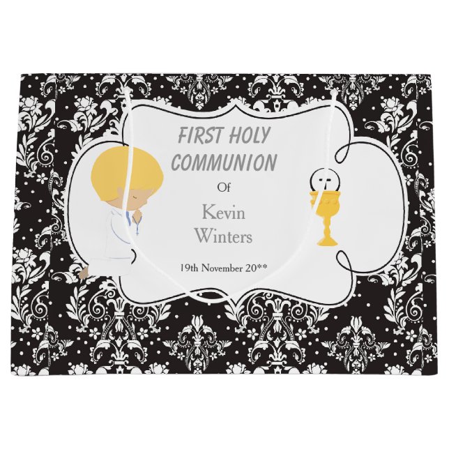 Grand Sac Cadeau Première Communion Blonde Boy Black Damask (Devant)