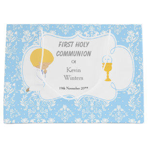 Grand Sac Cadeau Première Communion Blonde Boy Blue Damask