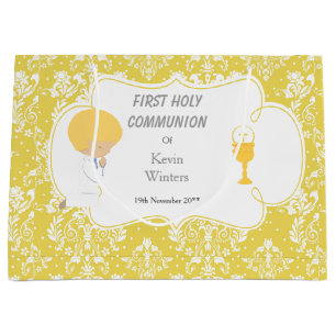 Grand Sac Cadeau Première Communion Blonde Boy Gold Damask