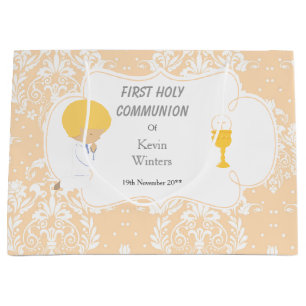 Grand Sac Cadeau Première Communion Blonde Boy Peach Damask