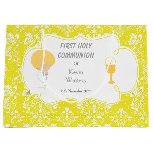 Grand Sac Cadeau Première Communion Blonde Boy Yellow Damask