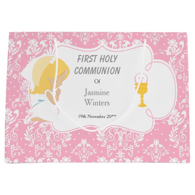 Grand Sac Cadeau Première Communion Blonde cheveux fille Merci (Devant)