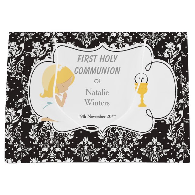 Grand Sac Cadeau Première Communion Blonde cheveux fille Merci (Devant)