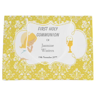 Grand Sac Cadeau Première Communion Blonde Girl Gold Damask