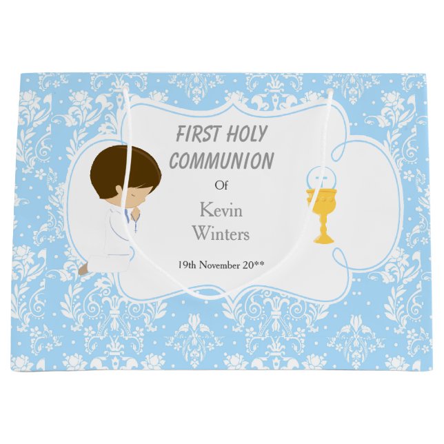 Grand Sac Cadeau Première Communion Brunette Boy Blue Damask (Devant)