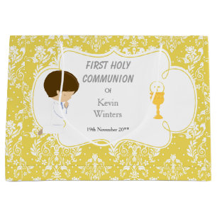Grand Sac Cadeau Première Communion Brunette Boy Gold Damask