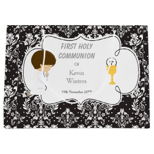 Grand Sac Cadeau Première Communion Brunette Garçon Noir Damask
