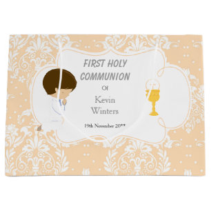 Grand Sac Cadeau Première Communion Brunette Garçon Peach Damask