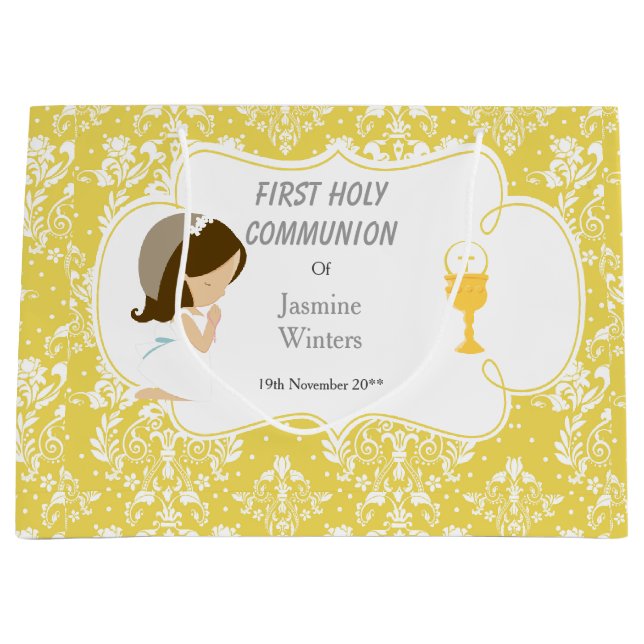 Grand Sac Cadeau Première Communion Brunette Girl Gold Damask (Devant)