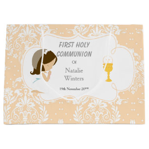 Grand Sac Cadeau Première Communion Brunette Merci de fille cheveux