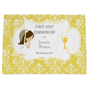 Grand Sac Cadeau Première communion fille brune damas or