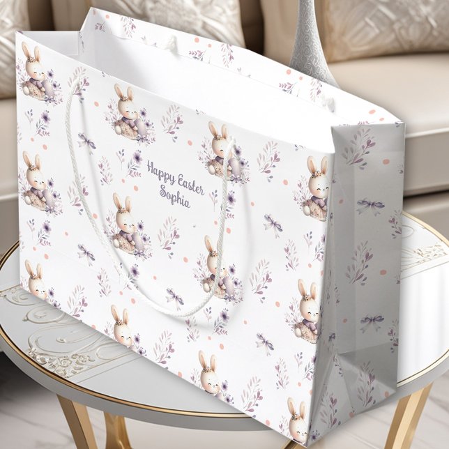 Grand Sac Cadeau Première Fille de Pâques Bunny Nom personnalisé Pu (First Easter Girl Bunny Personalized Name Purple Large Gift Bag)