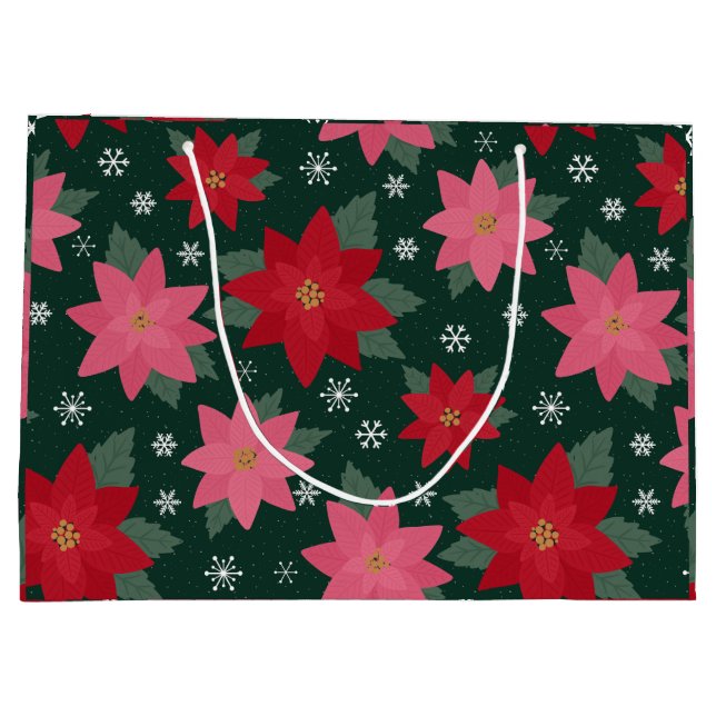 Grand Sac Cadeau Preppy Christmas Poinsettias & Snowflake Gift Bag (Dos)