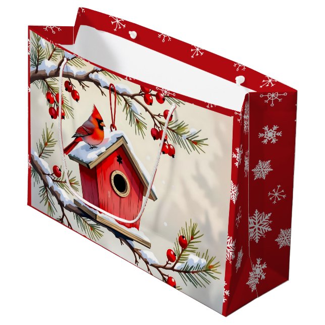 Grand Sac Cadeau Pretty Christmas Cardinal & Birdhouse Snowflakes (Devant Angle)