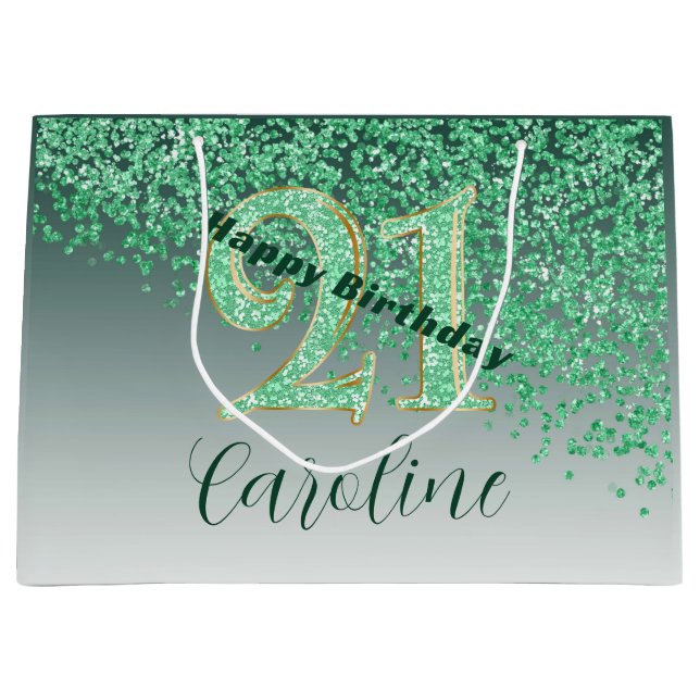 Grand Sac Cadeau Pretty Falling Green Glitter 21st Birthday (Devant)