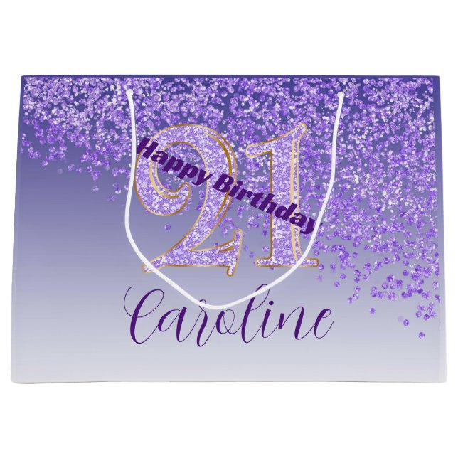 Grand Sac Cadeau Pretty Falling Purple Glitter 21st Birthday (Devant)