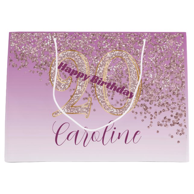 Grand Sac Cadeau Pretty Falling Rose Gold Glitter 20th Birthday (Devant)