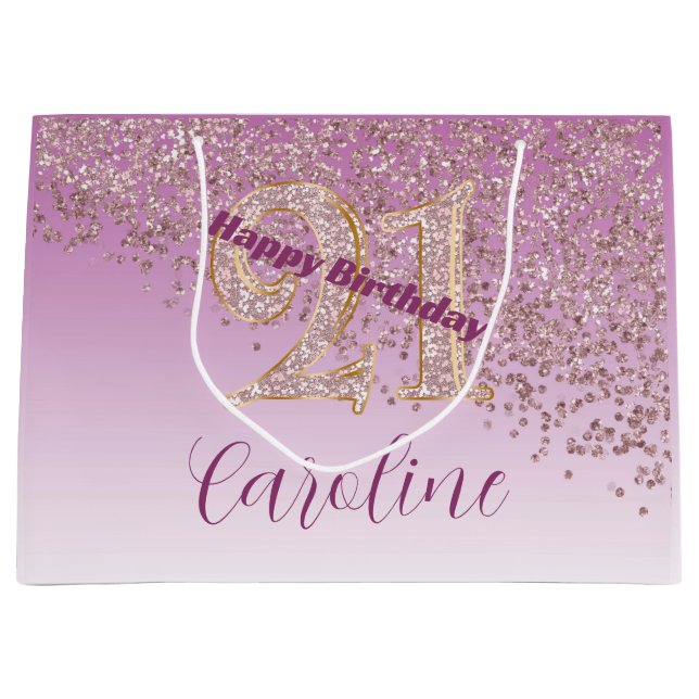 Grand Sac Cadeau Pretty Falling Rose Gold Glitter 21st Birthday (Devant)
