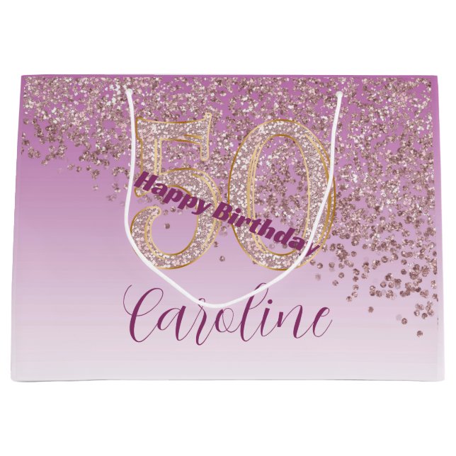 Grand Sac Cadeau Pretty Falling Rose Gold Glitter 50th Birthday (Devant)