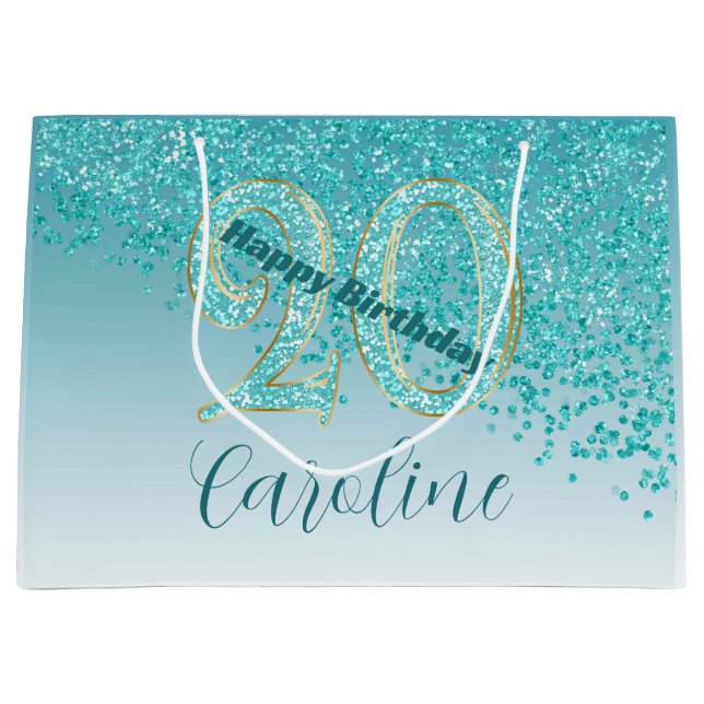 Grand Sac Cadeau Pretty Falling Teal Blue Glitter 20th Birthday (Devant)