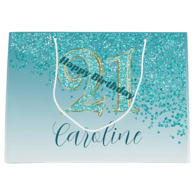 Grand Sac Cadeau Pretty Falling Teal Blue Glitter 21st Birthday (Devant)