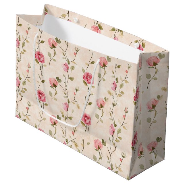 Grand Sac Cadeau Pretty Pink Cream Roses Floral Bridal Shower (Devant Angle)