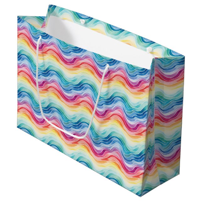 Grand Sac Cadeau Pride Wavy Rainbow Stripes Pattern (Devant Angle)