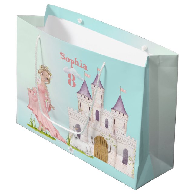 Grand Sac Cadeau Princess Pink Blue Castle Cute Anniversaire (Devant Angle)