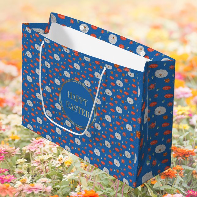 Grand Sac Cadeau Printemps Bleu motif floral Christian Joyeux Pâque (Spring Blue Watercolor Floral Pattern Religious Christian Catholic Happy Easter Gift Bag)