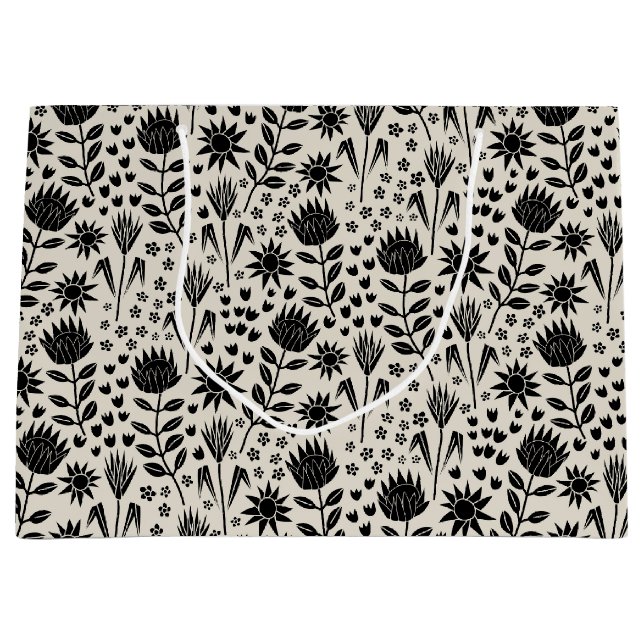 Grand Sac Cadeau Protea Floral Block Print Millefleur noir lin (Devant)