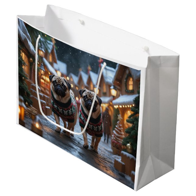 Grand Sac Cadeau Pug Dogs Christmas Snow Holiday (Devant Angle)