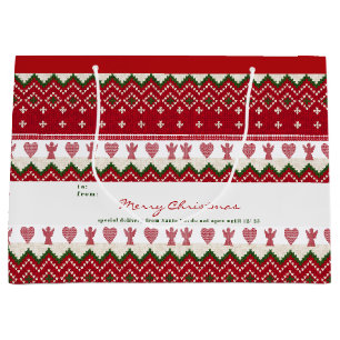 Grand Sac Cadeau Pull Ugly Sweater Noël Tricoté Hygge Anges Cœurs