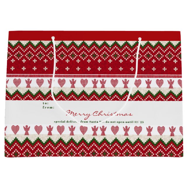 Grand Sac Cadeau Pull Ugly Sweater Noël Tricoté Hygge Anges Cœurs (Devant)
