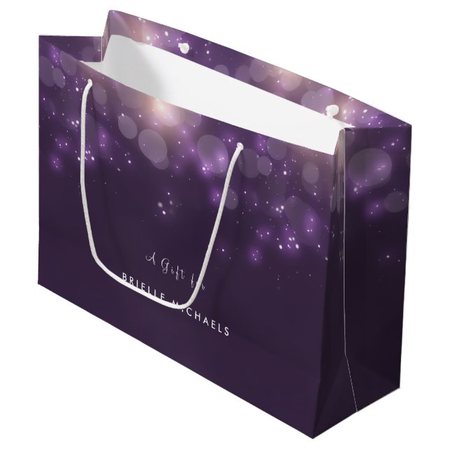 Grand Sac Cadeau Purple Bokeh Élégant Flume Étincelante Avec Nom (Devant Angle)